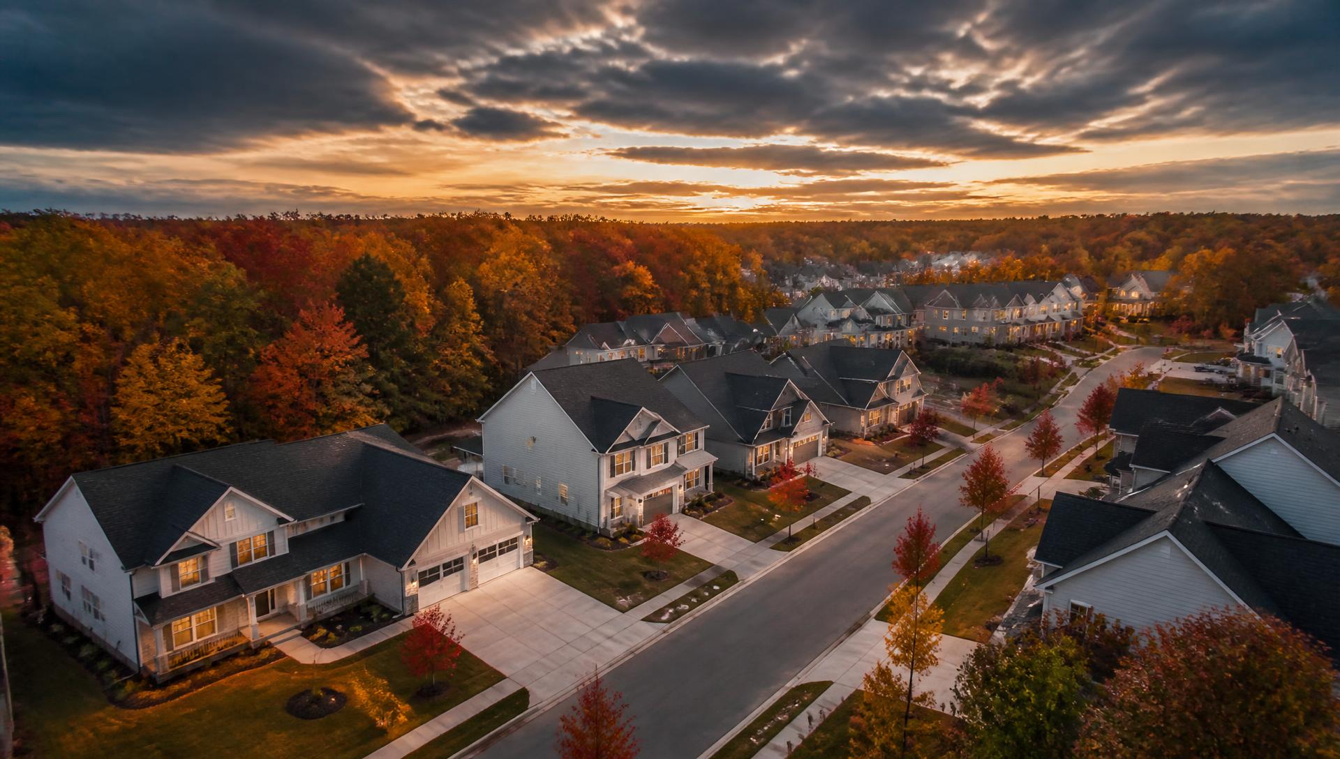 Aerial view of a new construction neighborhood in Orlando, Florida at sunset